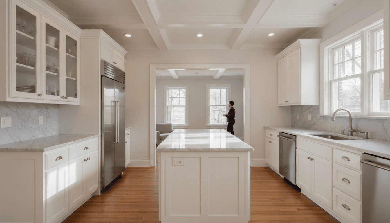Renovated kitchen in a Pittsburgh pre-war home by B2 Construction, showing custom cabinetry and marb