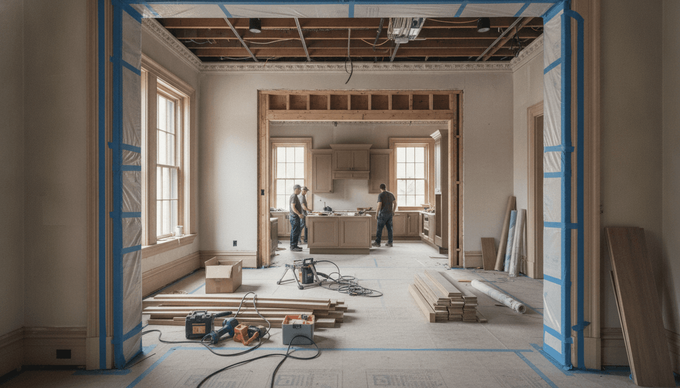 Complete renovation in progress in a Pittsburgh pre-war home showing original millwork preservation,