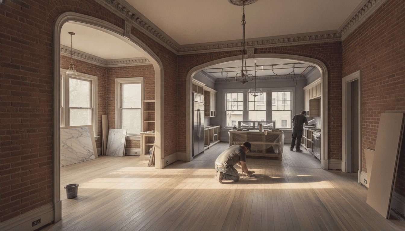 Whole-floor renovation in a Pittsburgh pre-war home showing kitchen reconfiguration and original har